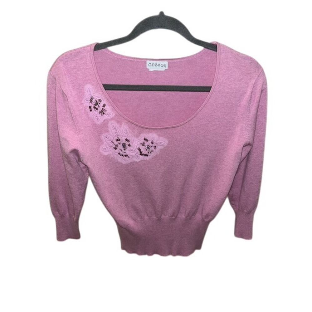 George Pink Floral Embroidered Beaded Sweater 3/4 Sleeve Women's Size Small